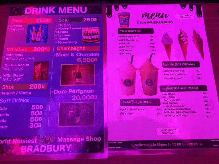 The neon-lit drink and food menu at Bradbury Massage Club in Bangkok