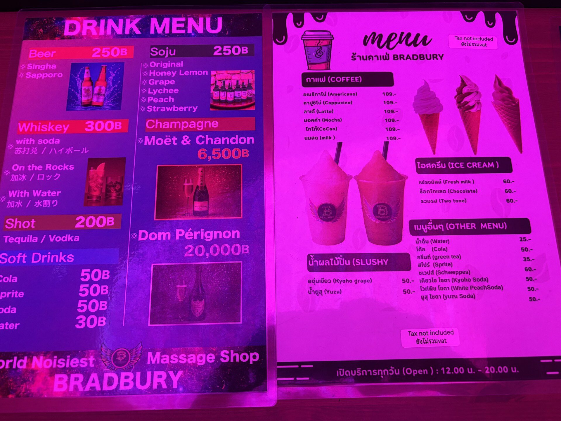 The neon-lit drink and food menu at Bradbury Massage Club in Bangkok