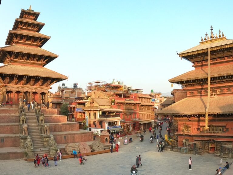 Patan Durbar Square at golden hour with Newari pagoda temples in Lalitpur Nepal
