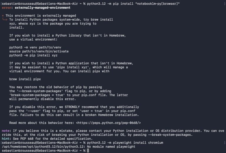 A Python terminal showing pip install errors while setting up notebooklm-py for AI legal research