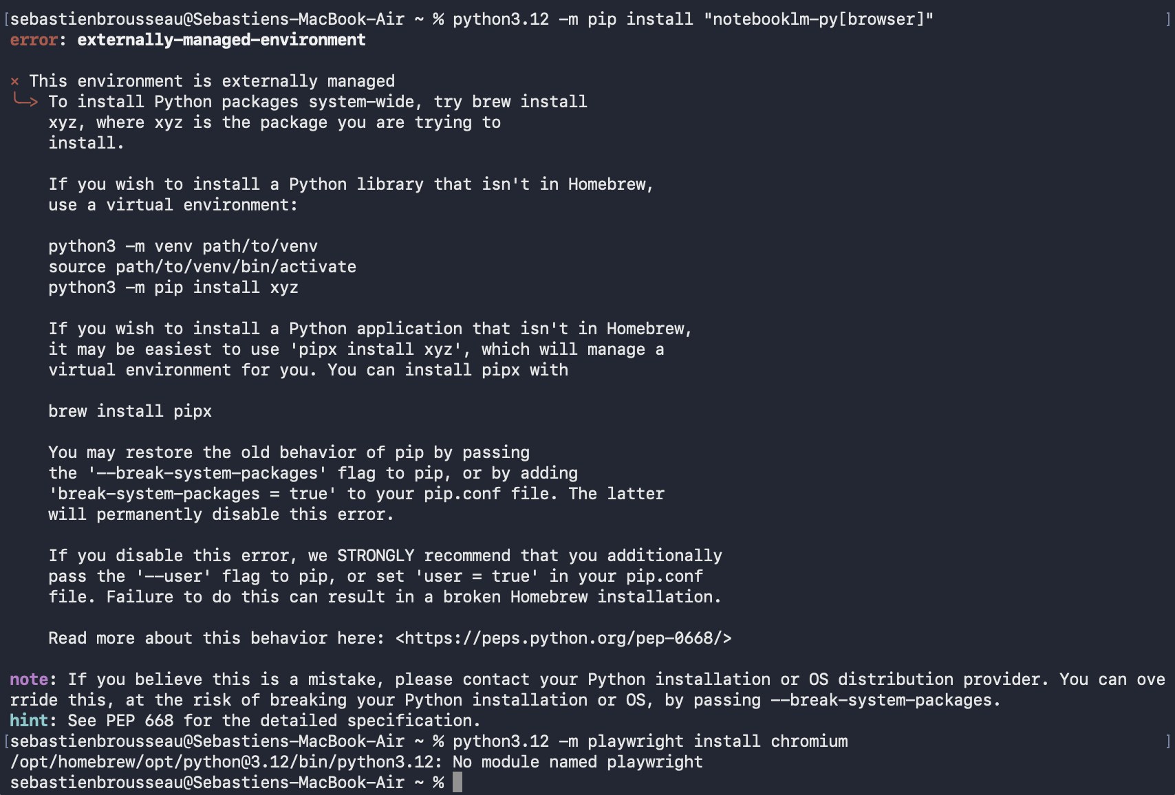 A Python terminal showing pip install errors while setting up notebooklm-py for AI legal research