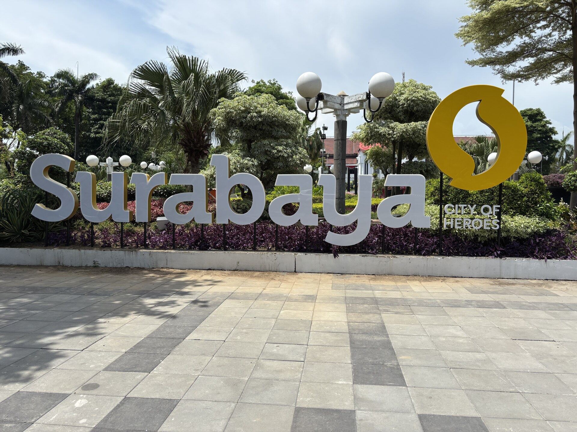 Surabaya City of Heroes sign in a green park in central Surabaya, East Java, Indonesia