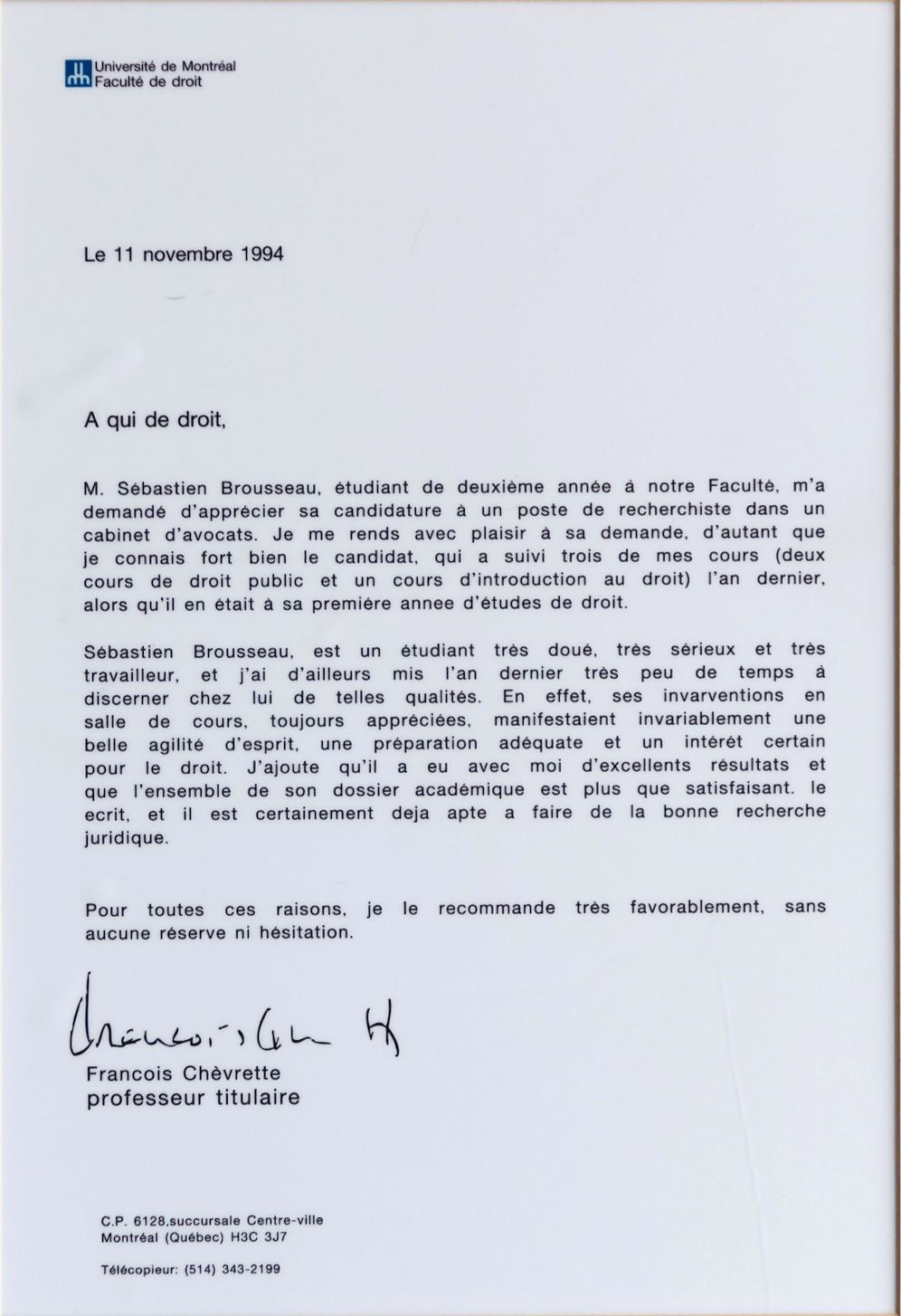 1994 recommendation letter from Professor François Chevrette, Université de Montréal Faculté de droit, for Sébastien Brousseau